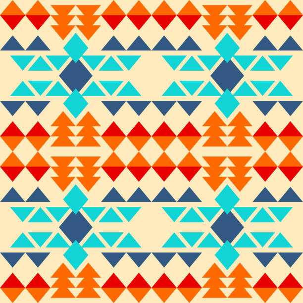 Traditional native american seamless pattern 02 Native american seamless pattern of rhombus and triangle combinations in full color, blue, light blue, orange, red orange, cream background. light blue vintage wallpaper pattern stock illustrations