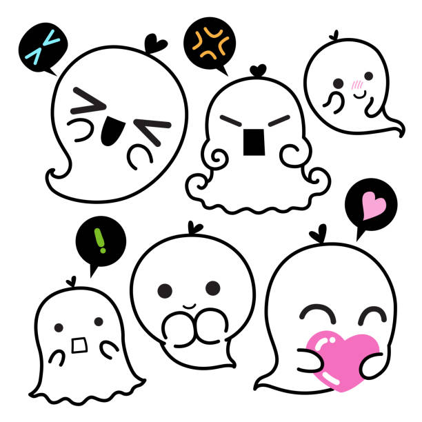 Ghosts cartoon character collection of cute. Cute spooky character, Kawaii ghost with speech bubble. vector illustration. collection of cute ghosts cartoon character. Cute spooky character, Halloween ghost with speech bubble. wow. Isolated vector illustration. cartoon devil with speech bubble stock illustrations