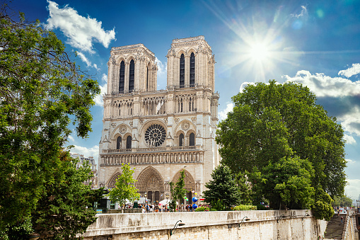 Notre-Dame de Paris Cathedral on a bright sunny summer day.