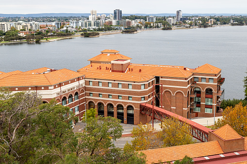 Perth, Western Australia - May 15th 2021: Old Swan Brewery viewed from Kings Park with South Perth in the background