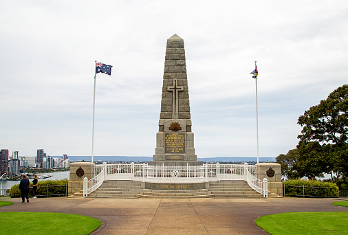 Perth, Australia - May 15th 2021: Kings Park state war memorial with Perth city in the background