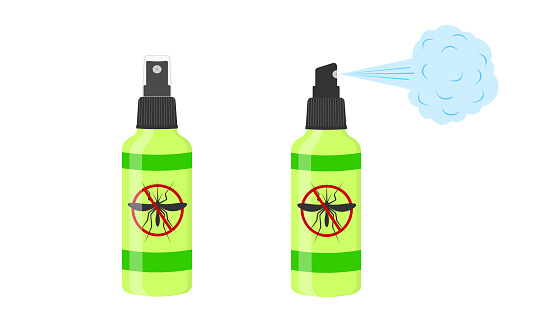 Mosquito spray icons. Repellent insect bottles with anti gnat sign isolated on white background. Vector cartoon illustration.