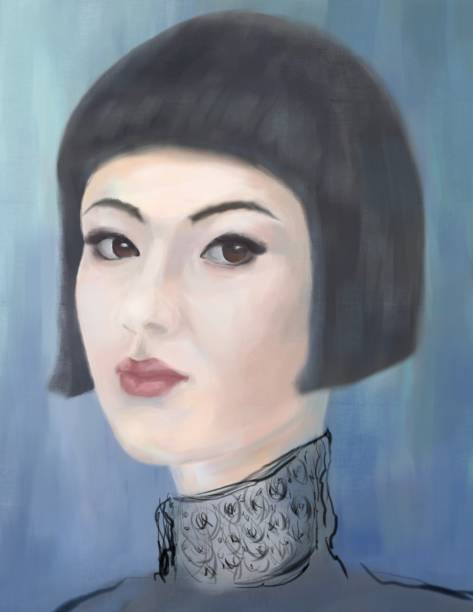 illustrazioni stock, clip art, cartoni animati e icone di tendenza di ritratto pittorico di una ragazza asiatica in stile impressionista - colletto alzato