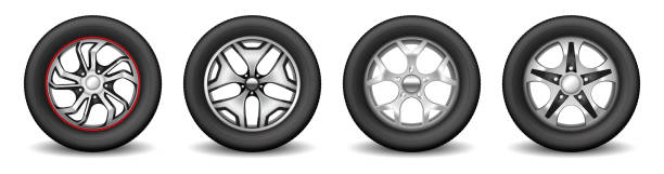 ilustraciones, imágenes clip art, dibujos animados e iconos de stock de llantas de coche con neumáticos de goma y discos modernos cromados para la protección de las ruedas del vehículo - hubcap chrome wheel car