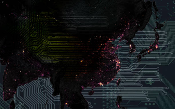 istock Dark Asia in citylights from space and motherboard pattern with copy space for your text. Information technology concept. Elements of this image furnished by NASA. 1318374712