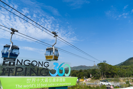 Hong Kong - November 2020: The Ngong Ping 360 Cable Car, with banner \