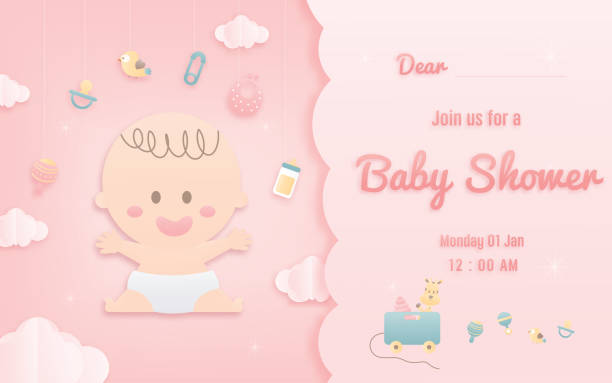 ilustraciones, imágenes clip art, dibujos animados e iconos de stock de tarjeta de ducha para niños bebé sobre fondo rosa - party newborn baby hospital