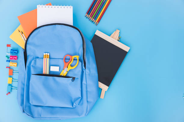 istock Top view Blue bag backpack for education children 1318381470