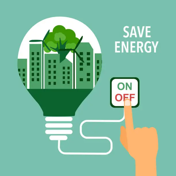 Vector illustration of Save energy concept vector illustration on green background. Eco city inside lightbulb with hand turning off switch for energy saving in flat design.