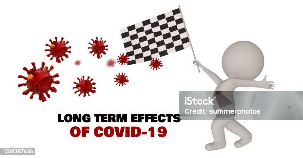 Covid 19 Covi19 Coronavirus Virus Pandemic End Finish Flag White Man Human Character Long Term Effectsn 3d Rendering Stock Photo - Download Image Now
