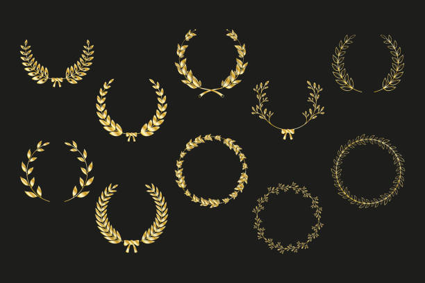 ilustraciones, imágenes clip art, dibujos animados e iconos de stock de diez coronas de laurel - laurel wreath bay tree wreath gold