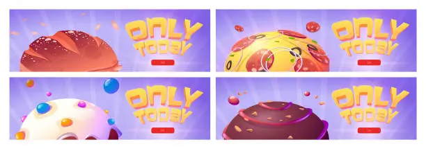 Vector illustration of Only today cartoon banners with food planets.