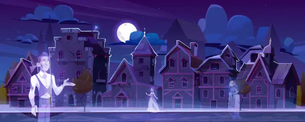 Vector illustration of Abandoned city with ghosts walking in darkness