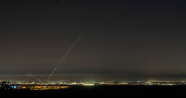 Iron dome rockets fire to arabs rockets over Ashkelon city stock photo