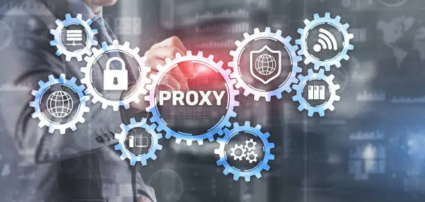 Proxy. Network administrator access the proxy server. Technology concept.