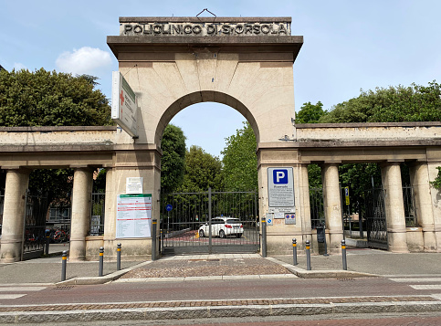 Bologna - Italy - May 15, 2021: Old entrance of Hospital Sant'Orsola in Bologna.