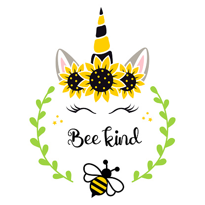 Unicorn bee with quote: bee kind. Kids vector illustration. Cute unicorn face with sunflower crown. Summer design. Print for shirts postcards and posters. Girly vector illustration.