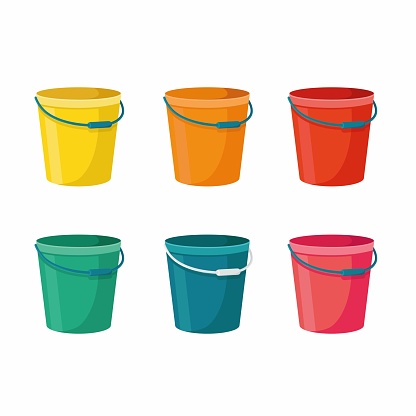 Six buckets on a white background red, orange, yellow, green, pink and blue