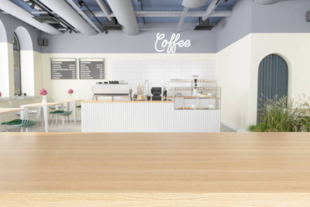 Wood Empty Surface With Empty Coffee Shop Background Wood Empty Surface With Empty Coffee Shop Background cafe culture photos stock pictures, royalty-free photos & images