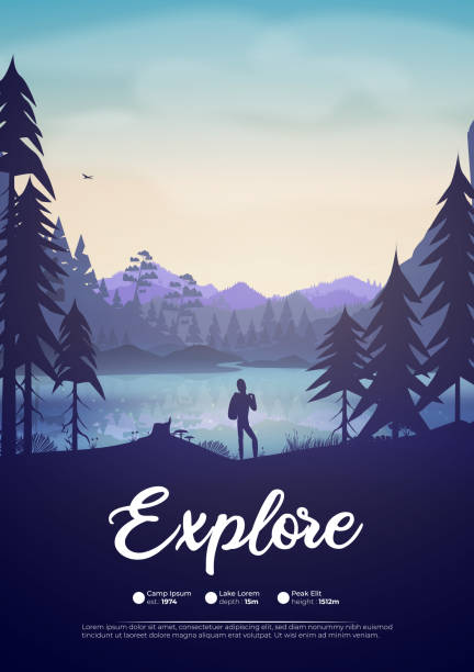 ilustrações de stock, clip art, desenhos animados e ícones de hiker in forest at sunset near a lake with reflection - lake forest landscape silhouette