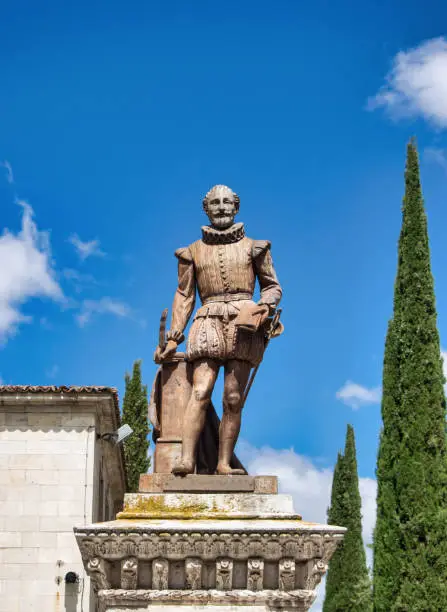 Bronze statue of Miguel de Cervantes Saavedra in the university square of Valladolid, Spain