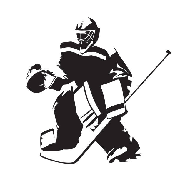 eishockeytorwart, abstrakte vektorsilhouette - ball halten stock-grafiken, -clipart, -cartoons und -symbole