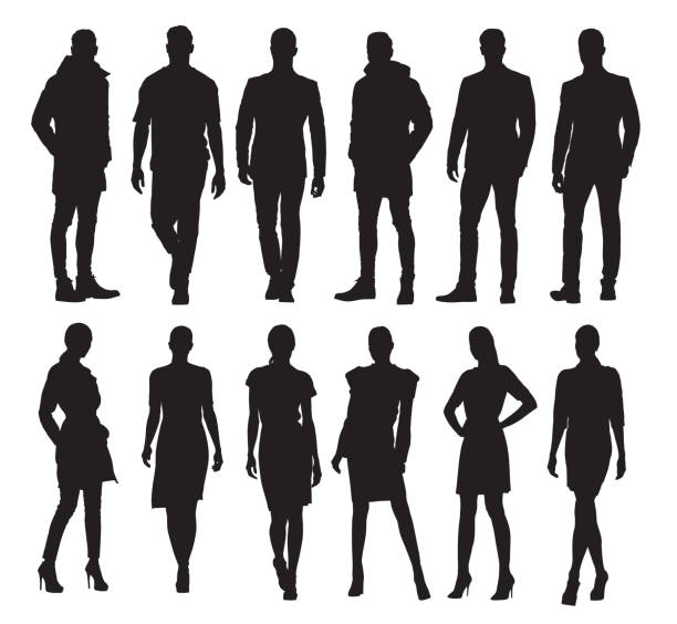 illustrations, cliparts, dessins animés et icônes de hommes et femmes d’affaires dans différentes poses, ensemble de silhouettes vectorielles. adultes en tenue formelle au travail - vertical