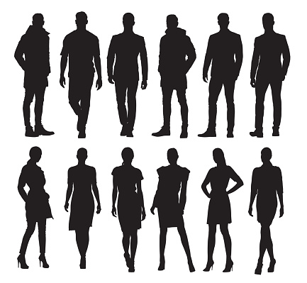 Business men and women in different poses, set of vector silhouettes. Adult people in formal dress at work