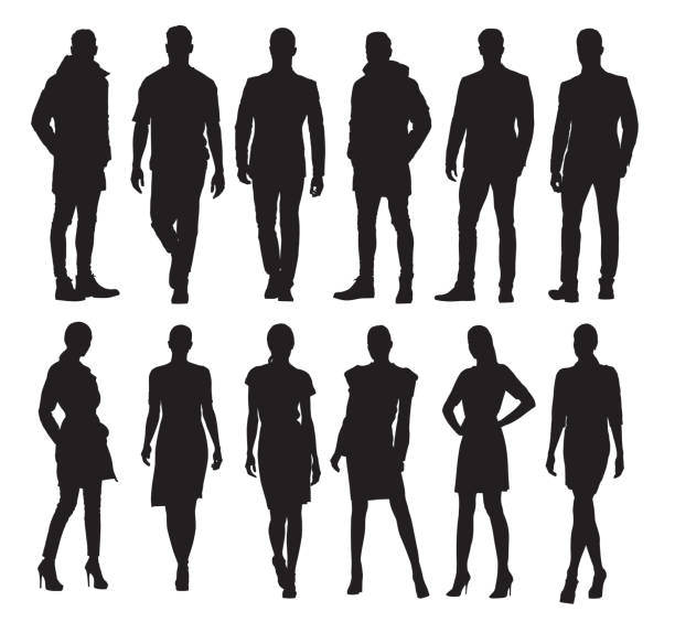 Business men and women in different poses, set of vector silhouettes. Adult people in formal dress at work vector art illustration