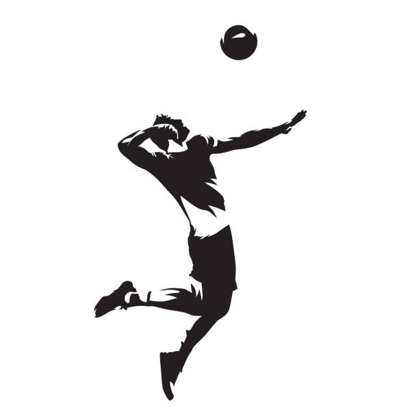 volleyballspieler serviert ball, isolierte vektorsilhouette. seitenansicht - volley stock-grafiken, -clipart, -cartoons und -symbole