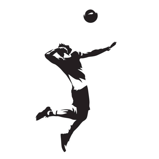 illustrazioni stock, clip art, cartoni animati e icone di tendenza di pallavolista che serve palla, silhouette vettoriale isolata. vista laterale - volleying