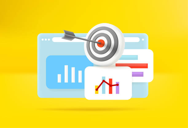 ilustraciones, imágenes clip art, dibujos animados e iconos de stock de informe de negocios con diferentes gráficos - target arrow bulls eye winning