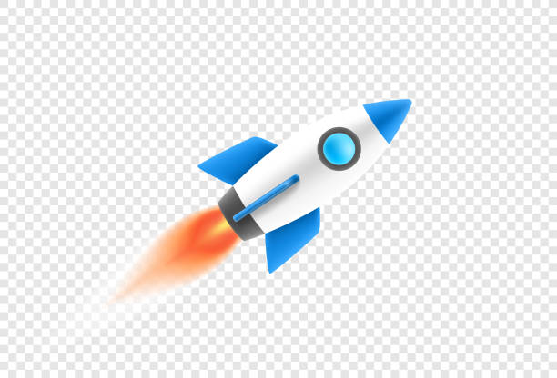 ilustraciones, imágenes clip art, dibujos animados e iconos de stock de cohete con la llama aislada sobre fondo transparente - cohete espacial