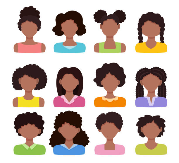 非洲婦女頭像集。向量插圖。不同髮型的黑人女孩。女性臉卡通圖示。白色背景上的隔離字元 - 爆炸頭 幅插畫檔、美工圖案、卡通及圖標