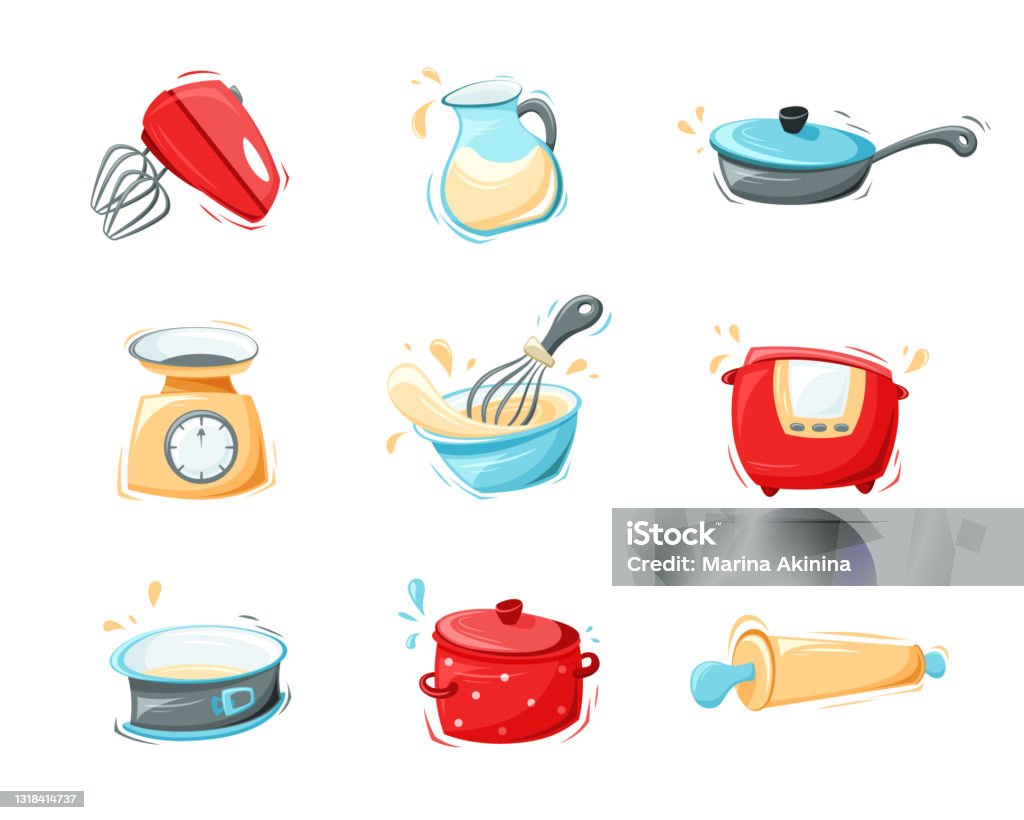 Kitchenware Icons Set Stylized Kitchen Utensils Cartoon Flat Illustration Cooking  Tools Collection Mixer Scale Pan Saucepan Baking Dish Whisk Color Isolated  Vector Elements White Background Stock Illustration - Download Image Now -  iStock