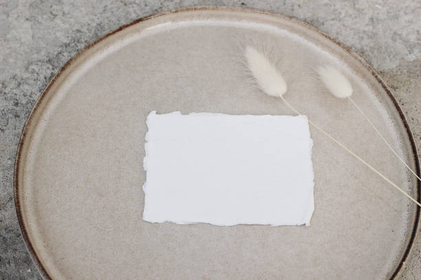 Modern natural stationery still life. Lagurus ovatus foliage. Blank greeting card, invitation mock up scene. Beige ceramic plate with bunny tail grass, grunge concrete background. Flat lay, top view. la papelería natural moderna sigue siendo vida. follaje lagurus ovatus. tarjeta de felicitación en blanco, escena de maqueta de invitación. placa de cerámica beige con hierba de cola de conejo. fondo de hormigón grunge. plano, vista superior.
