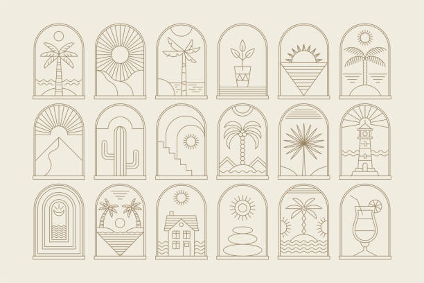 абстрактный дизайн летнего логотипа шаблона с пальмой и морским пляжем. современный минимальный линейный значок и эмблема, установленные � - в стиле минимализма иллюстрации stock illustrations