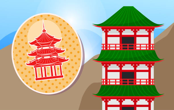 японская иллюстрация вектора дома. японская традиционная архитектура зданий на горе - kyoto city kyoto prefecture kinkaku ji temple temple stock illustrations
