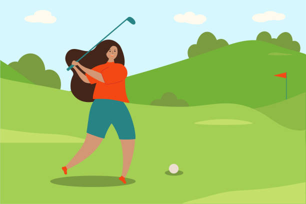 иллюстрация поля для гольфа, где люди играют в гольф. плакат. веселые виды спорта на открытом воздухе. клюшка. - golf child sport humor stock illustrations
