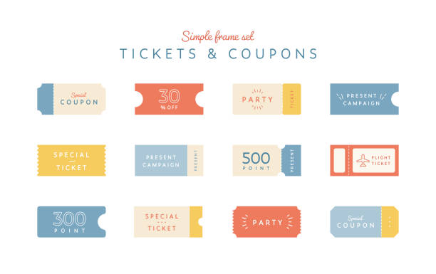 zestaw prostych, płaskich ramek biletowych lub kuponów - ticket event ticket stub coupon stock illustrations