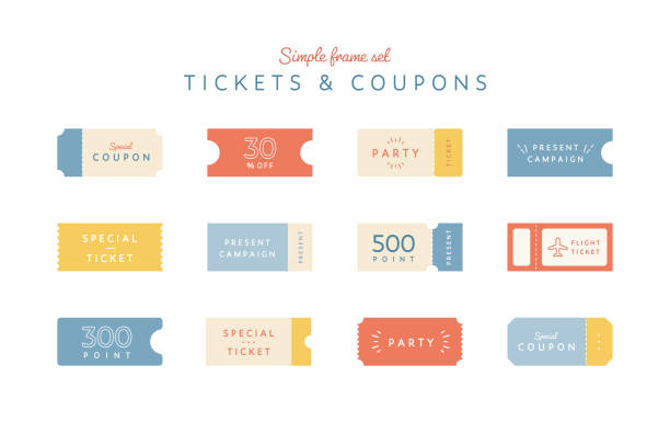 ilustrações, clipart, desenhos animados e ícones de um conjunto de quadros simples, simples de bilhete ou cupom - ticket event ticket stub coupon