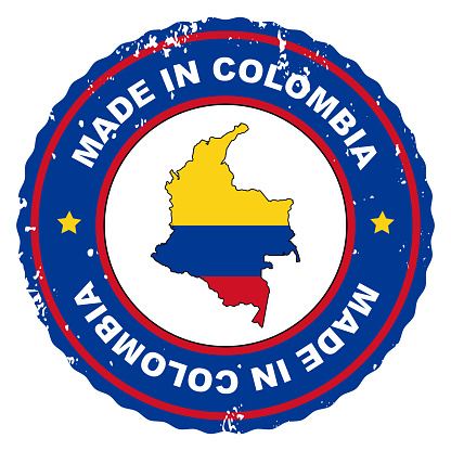 Retro style stamp Made in Colombia include the map and flag of Colombia.