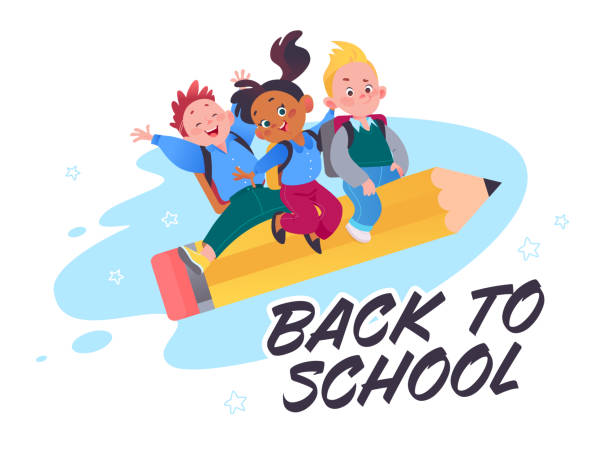 Back to school concept design with happy school kids fly on big pencil like a rocket isolated on white background. Back to school concept design with happy school kids fly on big pencil like a rocket isolated on white background. Vector flat cartoon illustration. For banners, ads, package, web. rocketship clipart stock illustrations