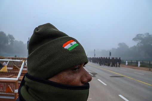 portrait of a indian army soilder during parade rehearsals for Indian Republic day at delhi.