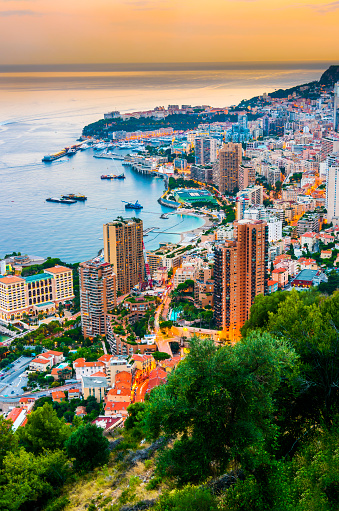 View of the city of Monaco on French Riviera after sunset.