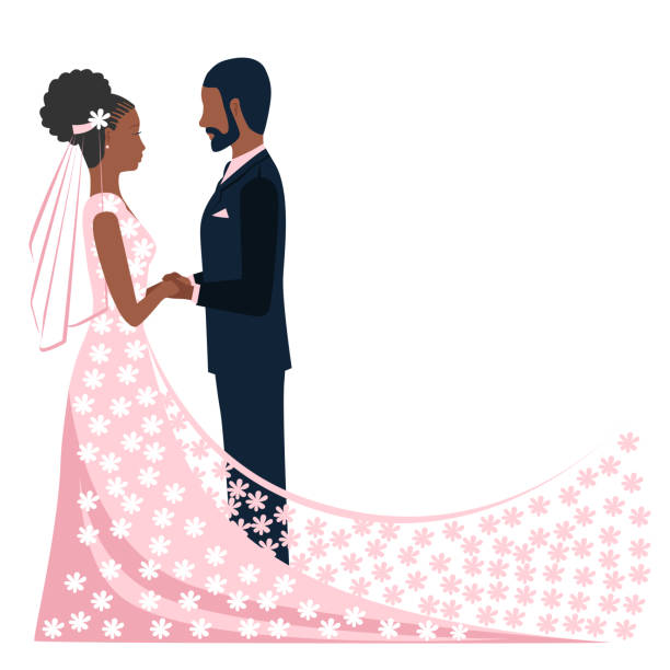 Happy black bride and groom get married Happy black bride and groom get married. Flat vector illustration of lovers bride in lace flower veil and groom in classic black suit. Isolated over white background for invitations, flyers african bride and groom stock illustrations
