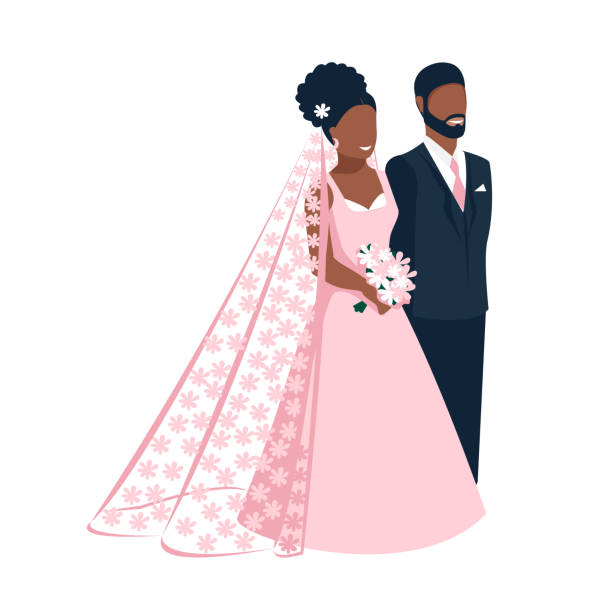 Happy black bride and groom get married Happy black bride and groom get married. Flat vector illustration of lovers bride in lace flower veil and groom in classic black suit. Isolated over white background for invitations, flyers african bride and groom stock illustrations