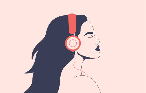 Confident woman listens to music with headphones. Girl with flying hair in earphones enjoying the sound. Confident woman listens to music with headphones. Girl with flying hair in earphones enjoying the sound. Vector illustration radio silhouettes stock illustrations