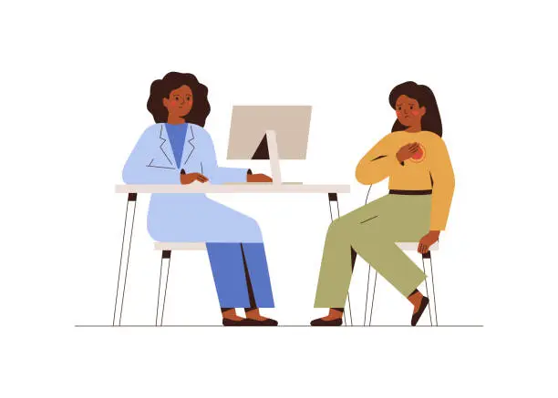 Vector illustration of Female doctor treats her patient with pain in the breast. Cardiologist checks up woman's heart. Psychologist has offline consultation with anxious girl.