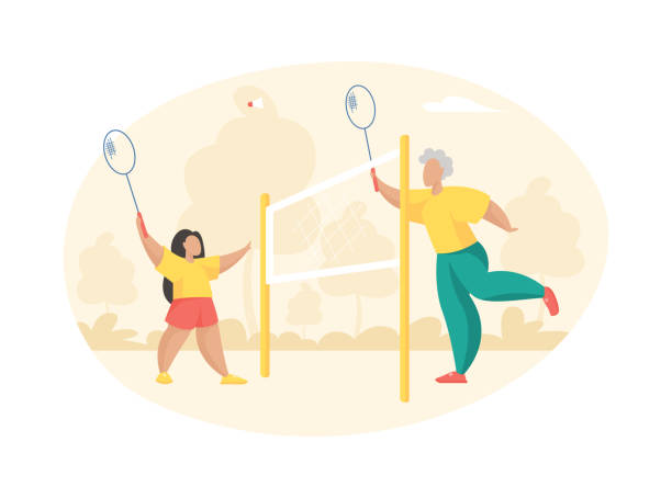 wanita tua bermain bulu tangkis dengan gadis kecil - badminton court ilustrasi stok